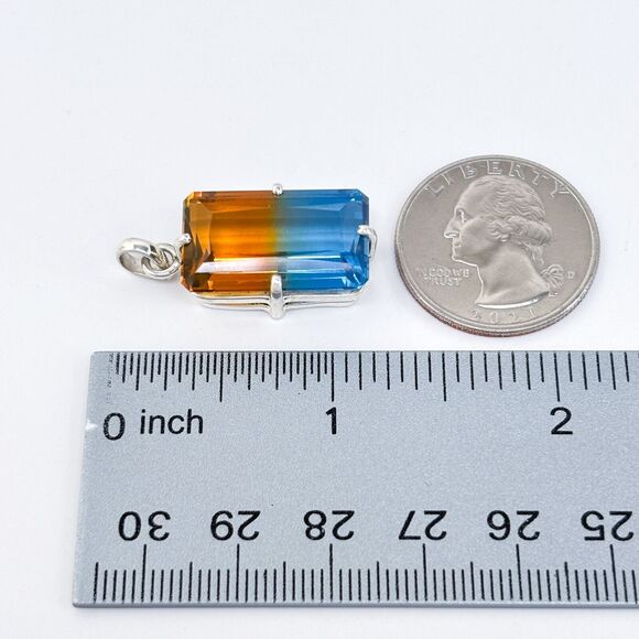 Vintage Sterling Silver 925 Orange Blue Ametrine Emerald Cut Pendant - Picture 7 of 7